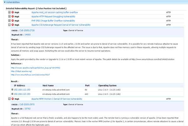 Report showing security elements with CVE names